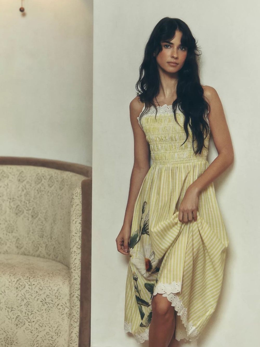 Anthropologie Yellow and White Striped Midi Dress with Daisy Motif